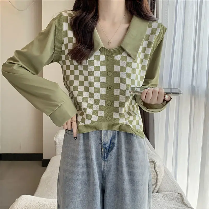 2024 New Woman's Clothes Fake Two Pieces Buttons Niche Knit Sweater Checkerboard Long Sleeved Top Lively Trend Casual Fashion