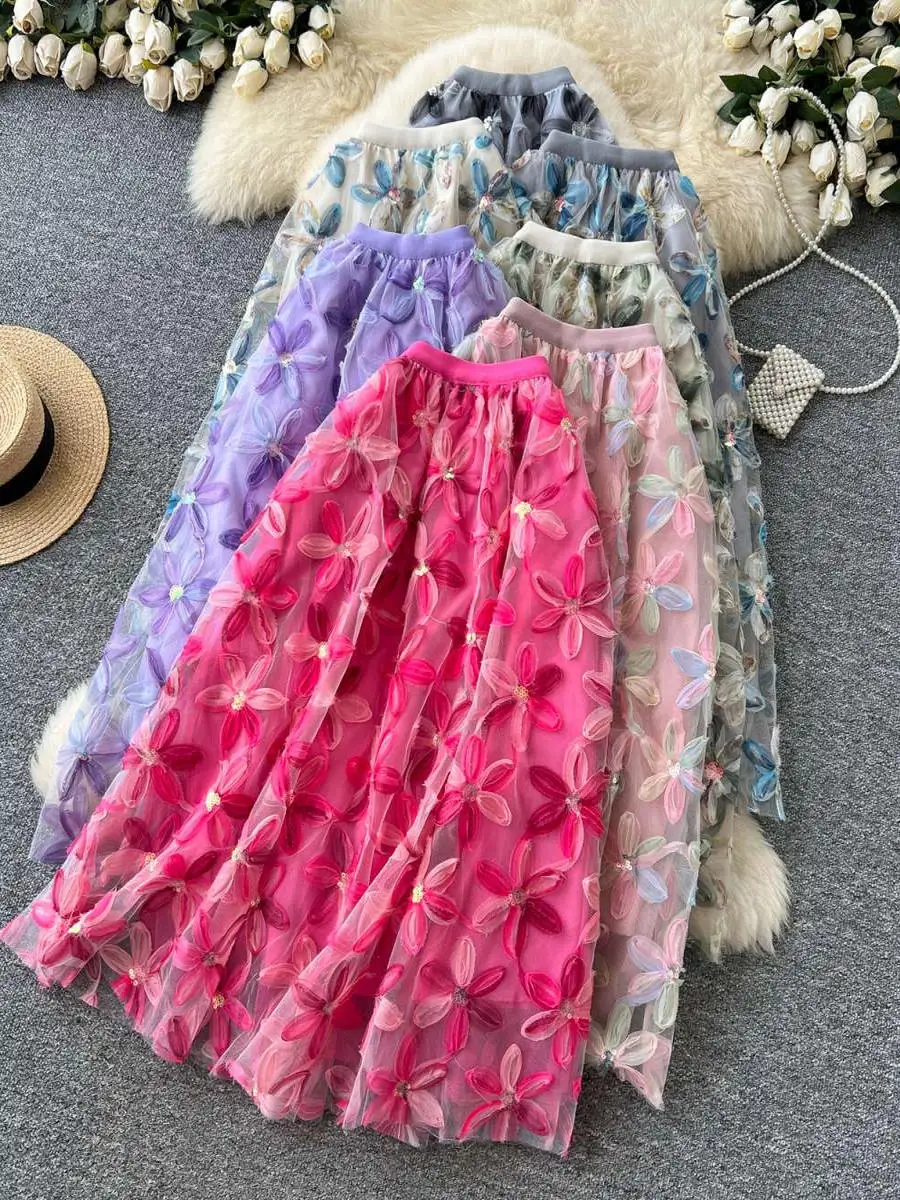 Romantic Atmosphere Long A-Line Skirt Women's Summer Elastic Waist 3D Flower Embroidery Mesh Half-length Beautiful Skirt