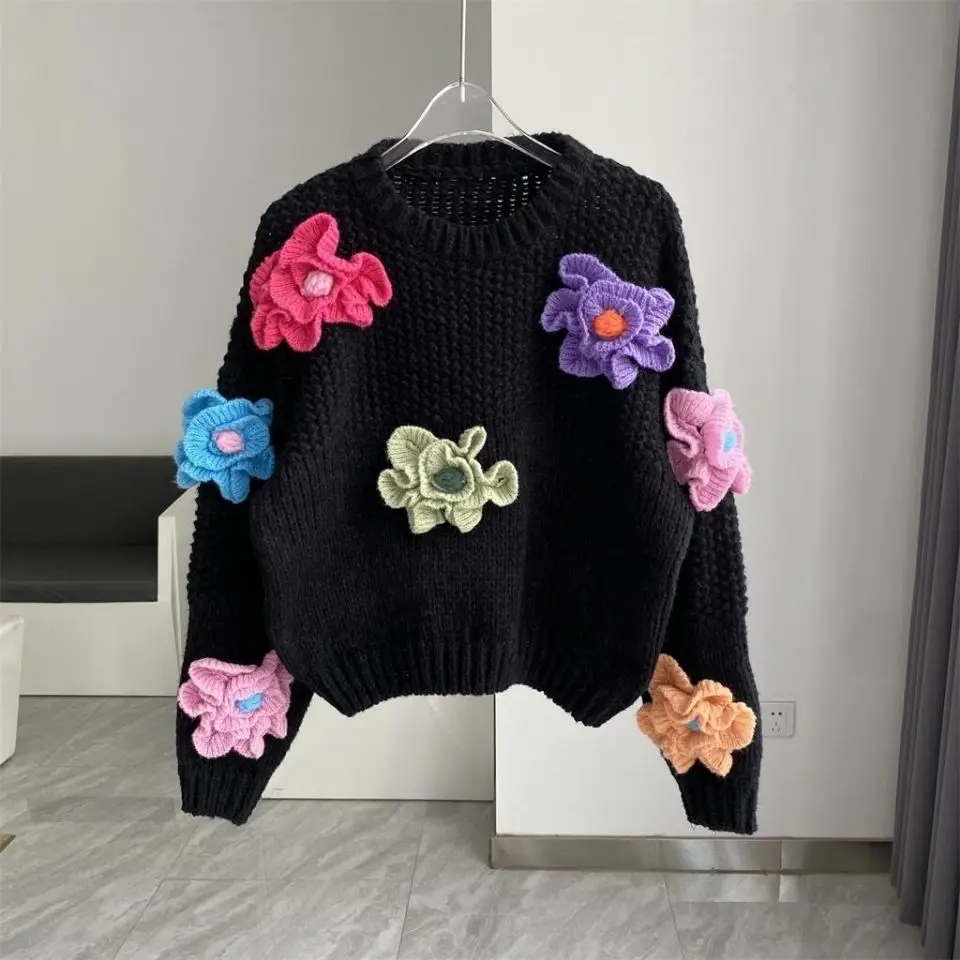 Chic Woman Floral Crocheted Sweater Handmade Hooked 3D Flowers Pullover Loose Knitted Shirts Crop Tops Jumper Sueter Knitwear