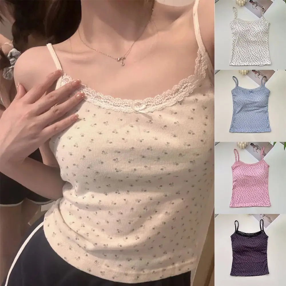 Sweet Floral Tops Lace Flower Print Camis Elegant Y2K Floral Tank Tops Slim Camisole Sexy Vest Spring