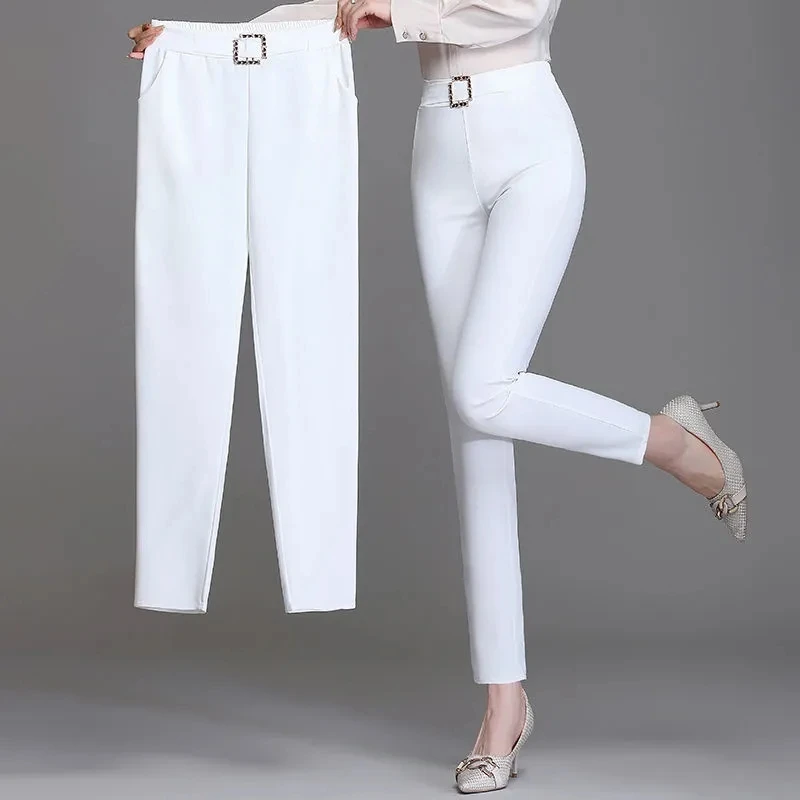 White Pants Women Elastic High-waisted Haren Pants Fashion Wild Thin Ice Silk Pants Office Ladies Trousers Black Khaki Blue Pant