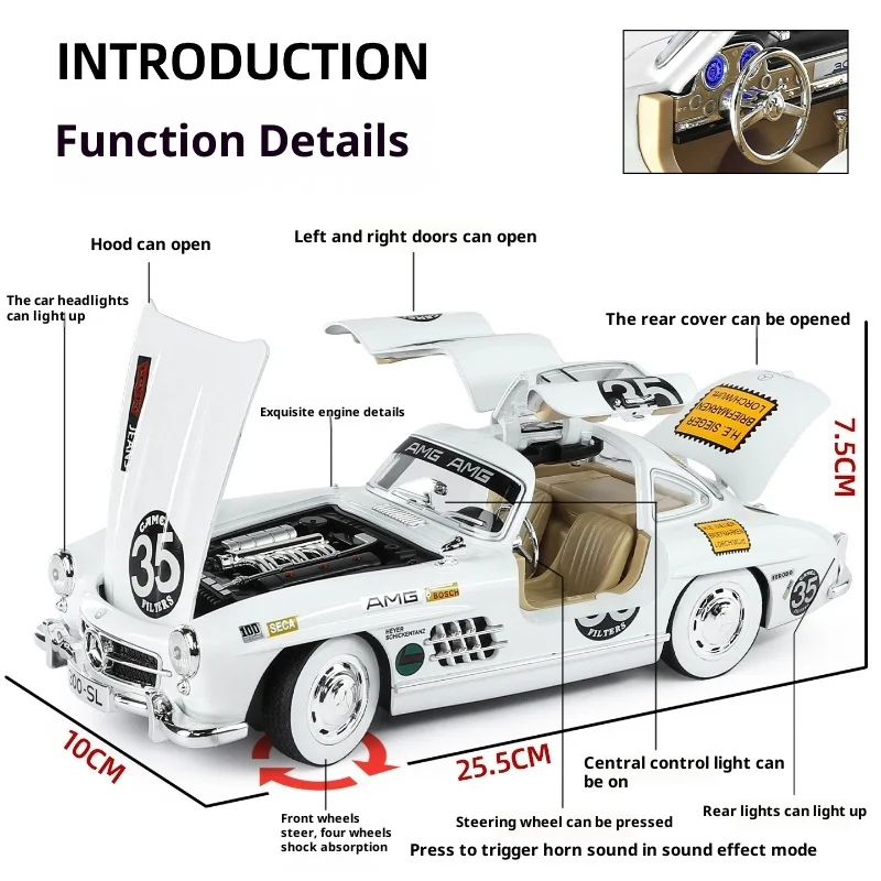 รถโมเดลเบนซ์ 300SL ขนาดใหญ่ 1:18 รุ่นวินเทจ พิมพ์ลายโลหะผสม ของเล่นย้อนยุค พร้อมเสียงและไฟ ของสะสมขนาดจิ๋ว