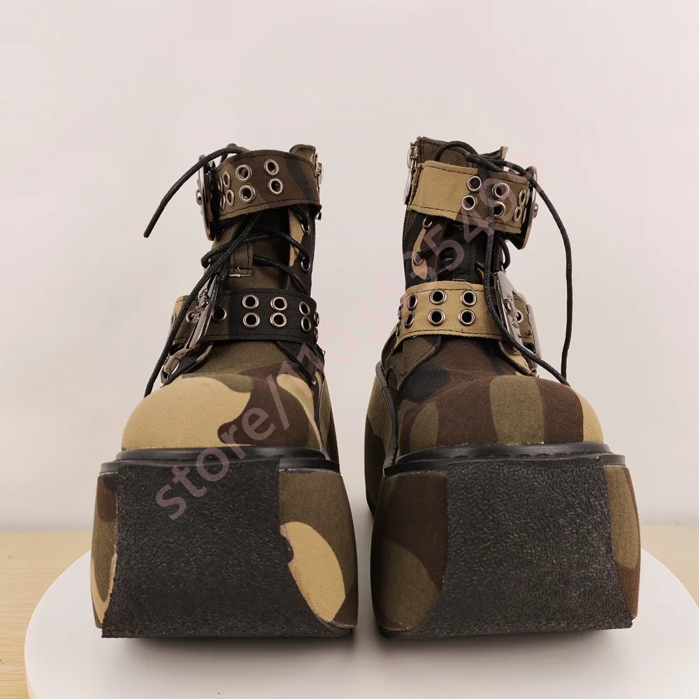 Tank Belt Buckle Camouflage Short Boots 2025 New Round Street Style Lace-Up Wedge Heel Boots Fashion Party Casual Stage Boots image 5
