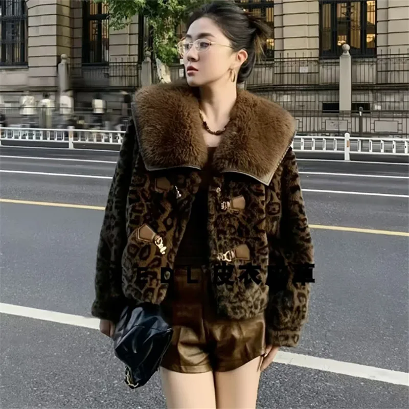 Faux Mink Fur Coats for Women,Leopard Print Jackets,Female Overcoat,Thicken Warm Clothes,England Style,High Quality,New ,Winter