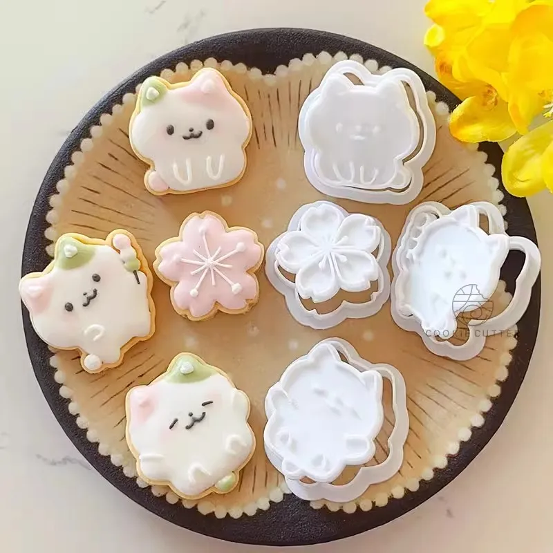 4Pcs/Set Spring Cat Shape Cookie Cutter Japanese Cherry Blossom Biscuit Stamp Fondant Cake Icing Cookie Pastry Baking Tools