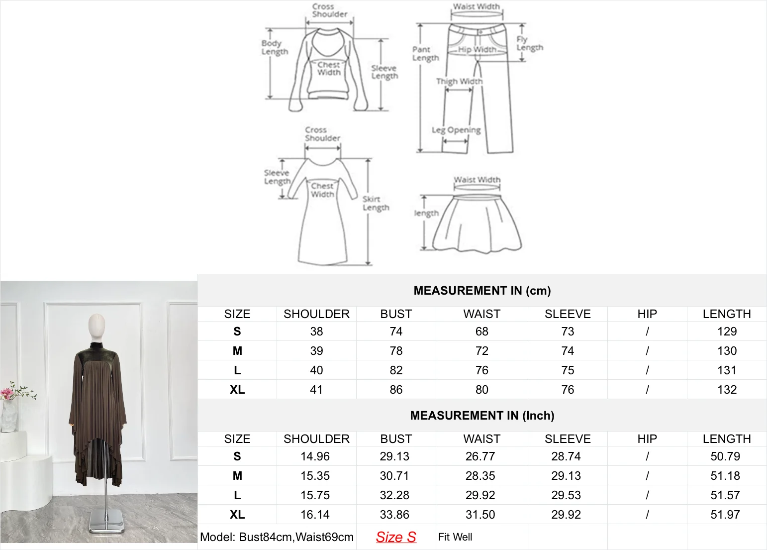 2025년 신상 패셔너블 다크 브라운 루즈 롱 슬리브 불규칙한 밑단 미디 드레스 여성용