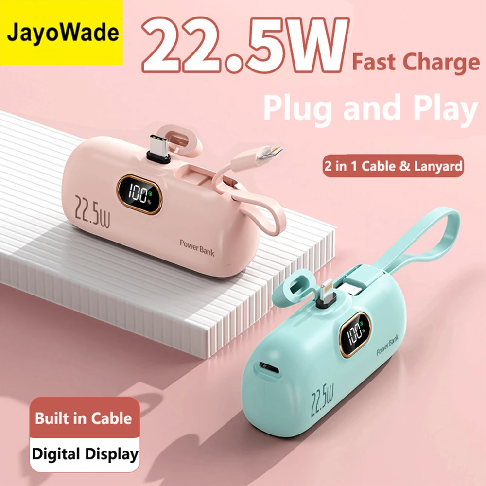 Digital Display Small New 5000mAh Mini Power Bank Fast Charger for iPhone Huawei Xiaomi Samsung Battery PowerBank Built in Cable