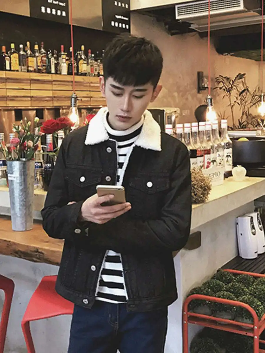 

Lamb Fur Lined Thiened Denim Jaet Men's Loose Fit Winter Cotton Coat Fast Faion Internet Celebri Sle Outerwear