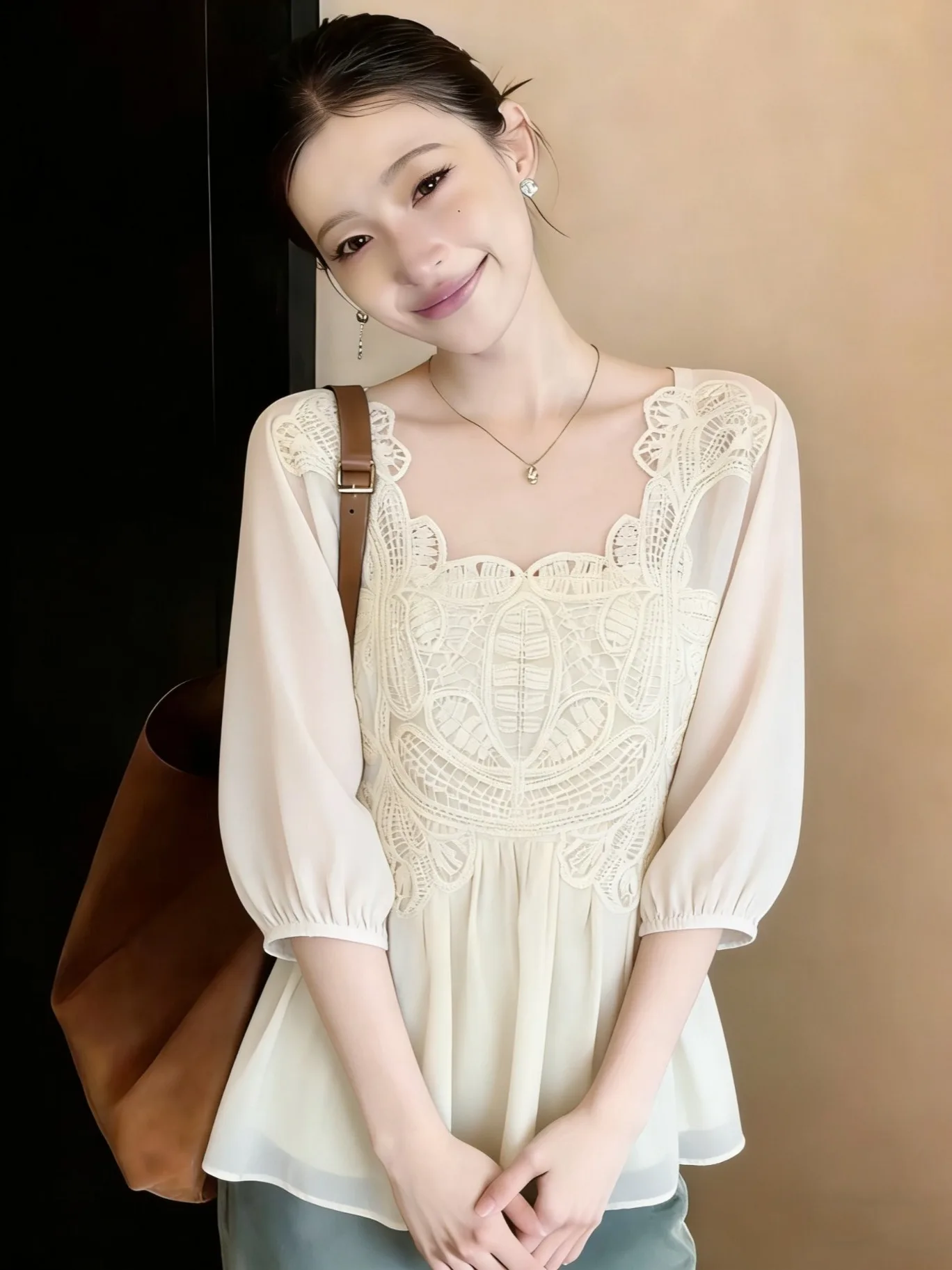 

Summer 2026 Lace Splice Seven Sleeve Women's Shirt plus Size Korean Style Doll Top Breathable Loose Fit Casual Wear for Girls