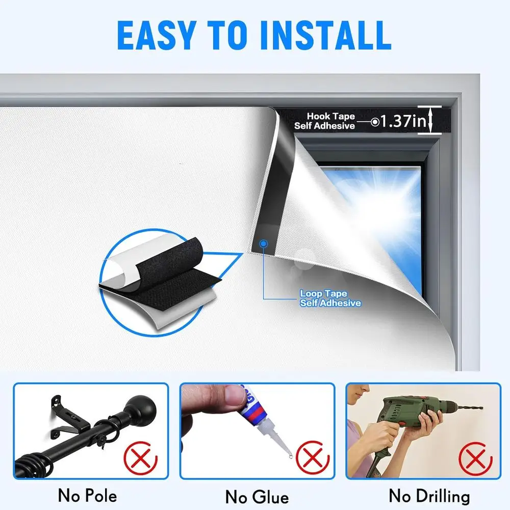 Portable UV-Blocking Blackout Curtains for Windows, No Drilling Needed, Suitable for Home and Office (26x68, White)