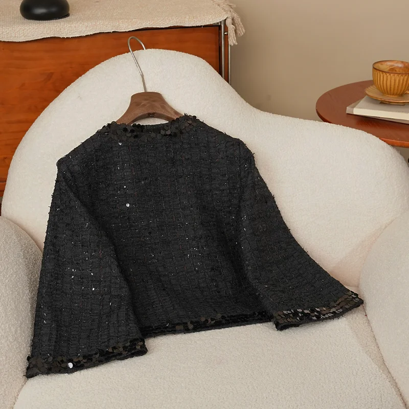 High Quality New Black Sequins Cropped Sleeves Short Coat Women Tweed Dark Button Micro-wide Cuffs Loose Luxury Lady Coat
