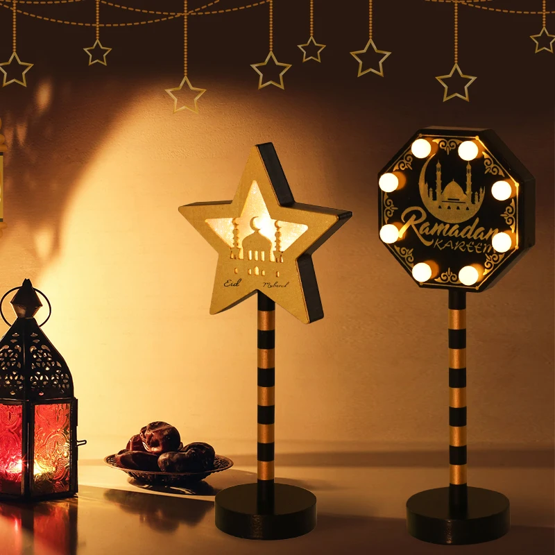 Ramadan Moon Star Lamp Sign Eid Mubarak Wooden Table Ornament 2025 Islamic Muslim Party Home Decoration LED Light Lantern Gifts