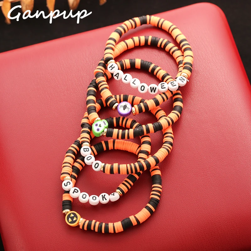 

GANPUP 6Pcs Fashion Fun Holiday Party Bangles Halloween Pumpkin Skull Multi-Layer Stackable Beaded Bracelet for Women Jewelry