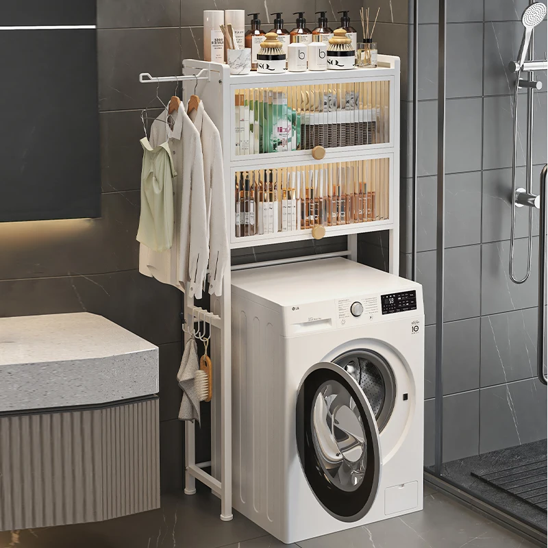 

Bathroom Washing Machine Shelf Floor to Floor with Cabinet Door Roller Flip Top Rack Balcony Bathroom Dust Storage Cabinet