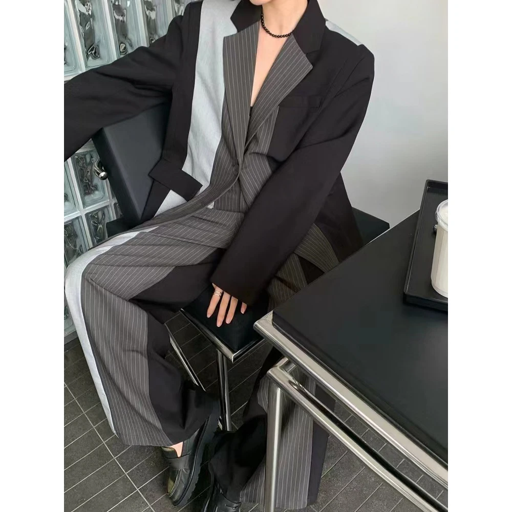 Calças de perna larga elegantes mulheres senhora do escritório formal negócios blazers calças retas listrado três cores costura retalhos folga