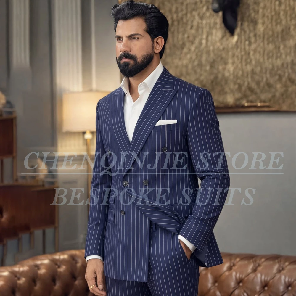 

Luxury Stripe Men's Suits Back Vent Business Double Breasted Peak Lapel Blazer High Quality 2 Piece Jacket Pants Outfits Terno