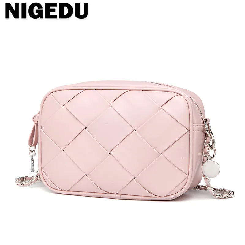 

Fashion Weave Women messenger Bag small Brand design Ladies Chain flap silng bag PU Leather Female Crossbody Shoulder Bag pink