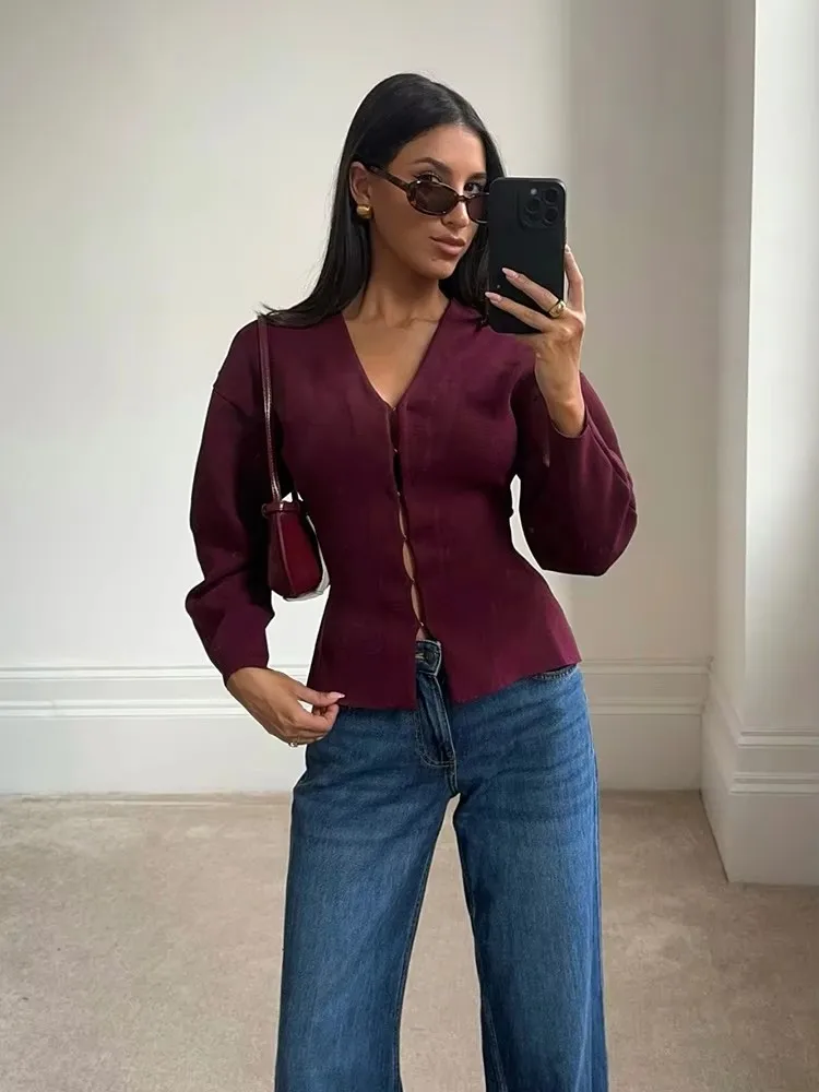

Women's Elegant Burgundy V-Neck Knit Coat - Slim Cardigan Long Sleeve Solid Outerwear for Autumn Office Lady