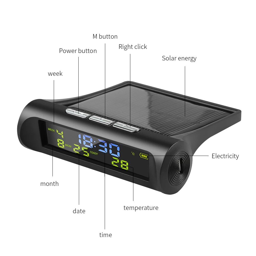 Solar Car Digital Clock With LCD Time Date In-Car Temperature Display for Outdoor Personal Car Part Decoration Car Accessories