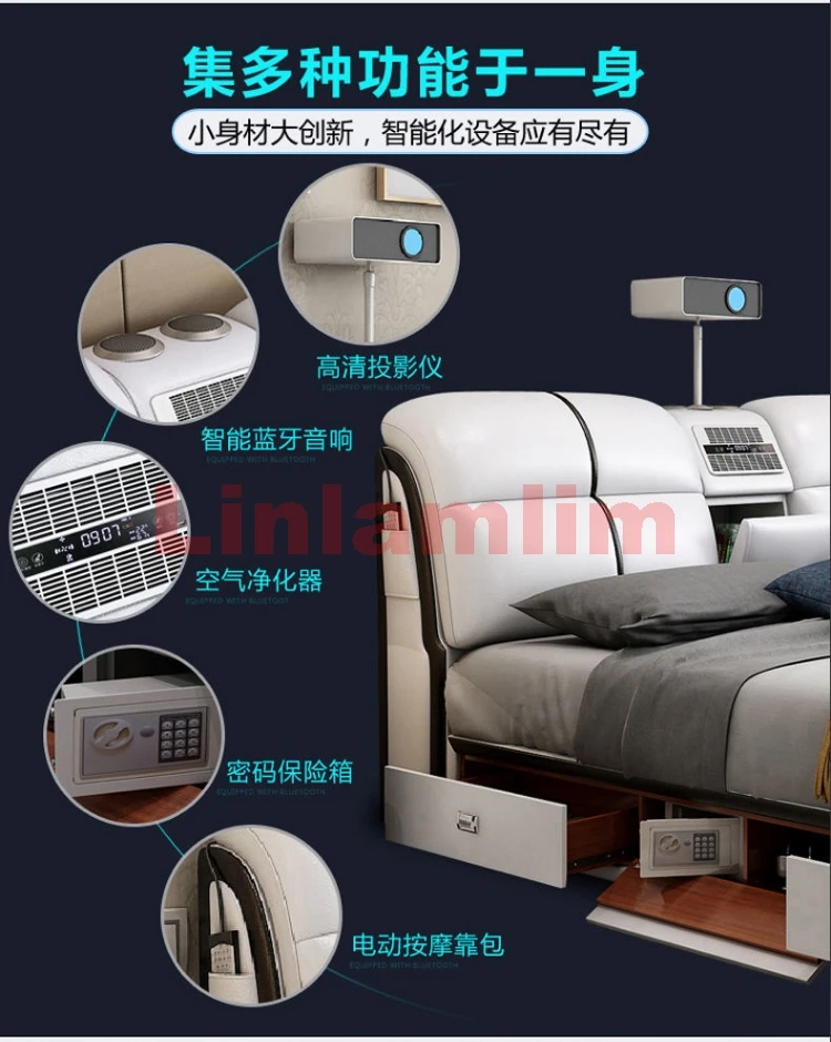 Linlamlim Tech-Smart Multifunctional Bed Genuine Leather Ultimate Camas Tatami Lit with Massage, Projector, Air Purifier,Speaker