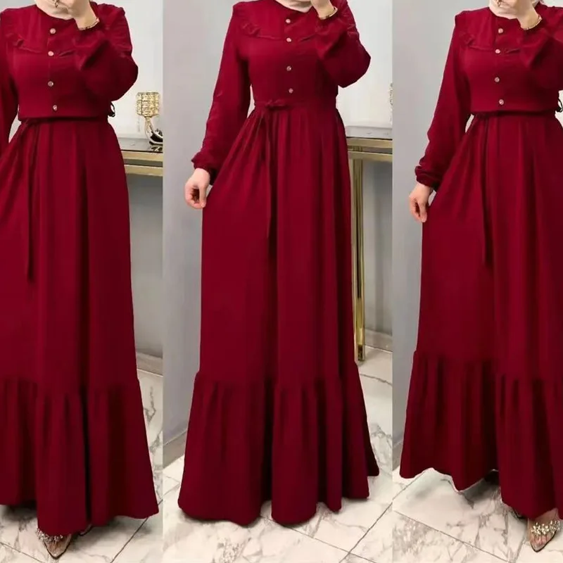 Solid High Neck Long Sleeve Abayas for Women Elegant Dubai Abaya Fashion Ruffled Kaftan Turkey Islam Clothes Muslim Dress Caftan