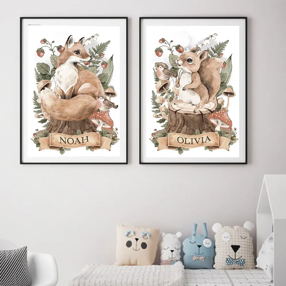 Baby Name Personalized Poster Print Custom Nursery Wall Art Canvas Painting Rabbit Squirrel Picture Nordic Kids Baby Room Decor