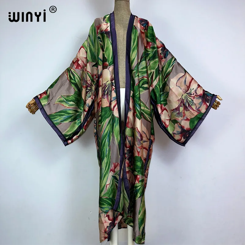 Quimono estampado WINYI-Boho para mulheres, roupas de praia, capas, cardigã elegante, roupas maxi sexy de férias, Kaftans Boho