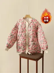 Color Matching Small Floral Cotton Jacket Oversized Women's Fashion Round Neck Comfortable And Warm Winter Coat Retro Tops Z47