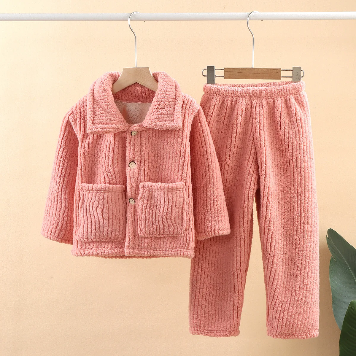 Kids Autumn Winter Soft Flannel Warm Pajamas Sets Baby Solid Color Lapel Coat with Pants Pyjamas Boys Girls Casual Sleepwear