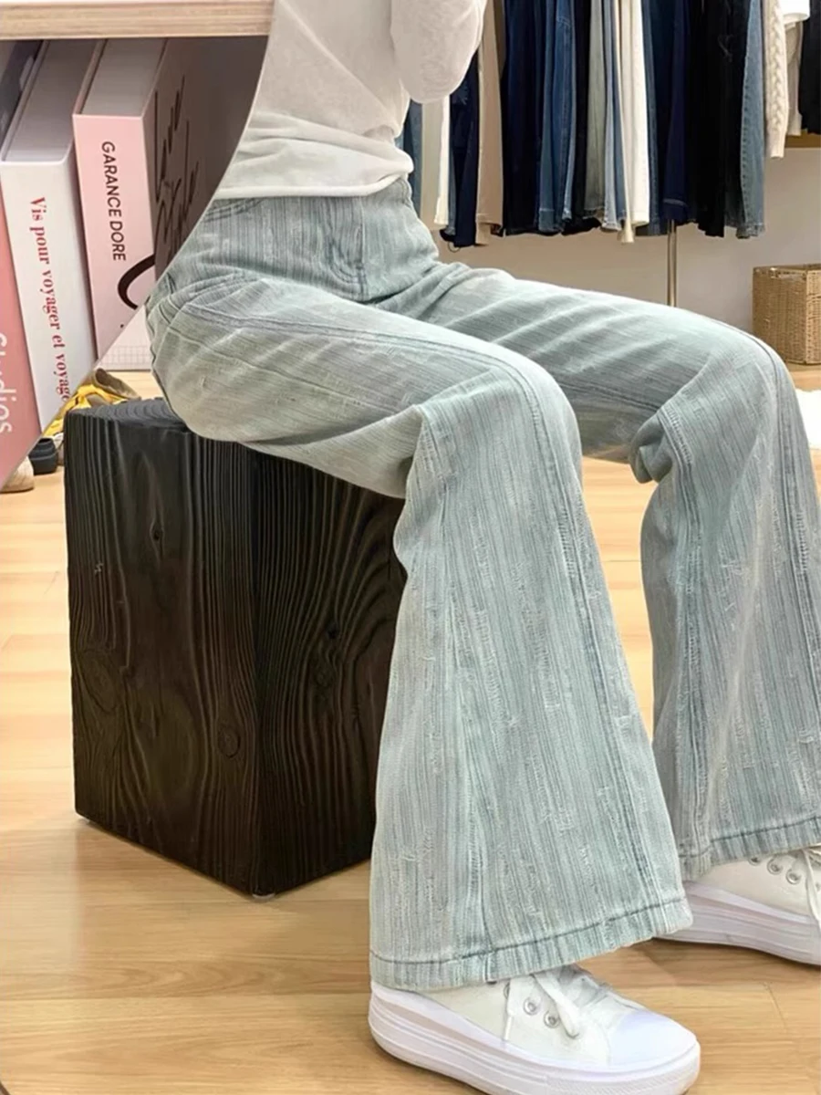 

High Waist Bell Bottom Denim Jeans Women's Spring Autumn Loose Fit Bootcut Pants Design Sensation Light Blue plus Size
