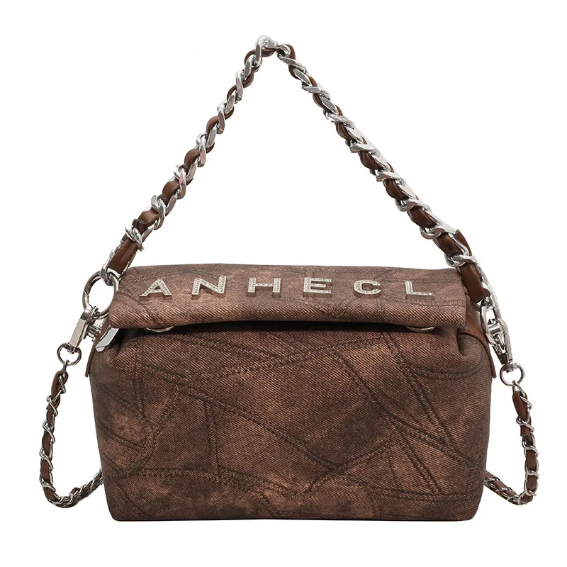2025 Новая ретро и модная джинсовая женская сумка с цепочкой и буквами, нишевая, простая и легкая роскошная женская сумка через плечо
