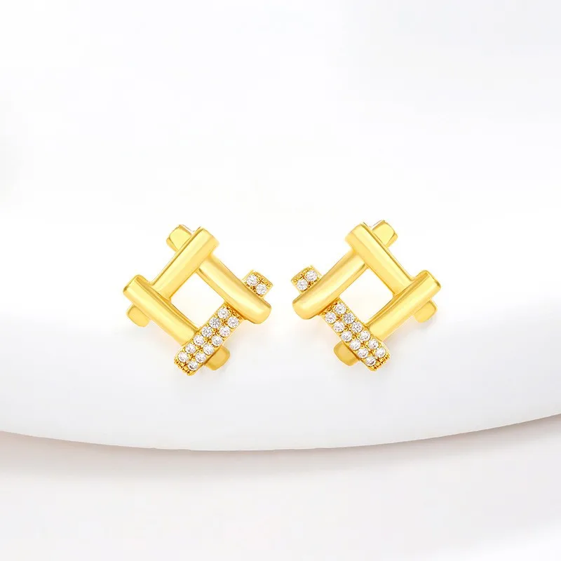 2024 Classical Bar Type 24K Gold Plating Earrings Ear Studs For Women Girl Gilding Shiny Zircon Earrings Charm Artwork Jewelry