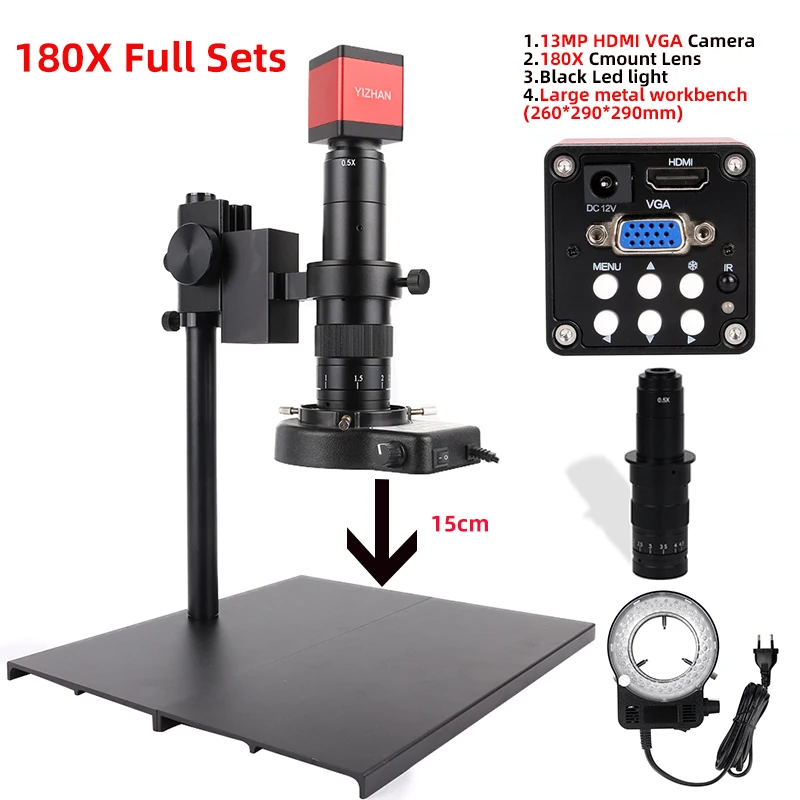 

1080P HD Industrial Microscope 130X/150X/180X C-Mount Digital Video Camera HDMI VGA Measurement For PCB Soldering Phone Repair