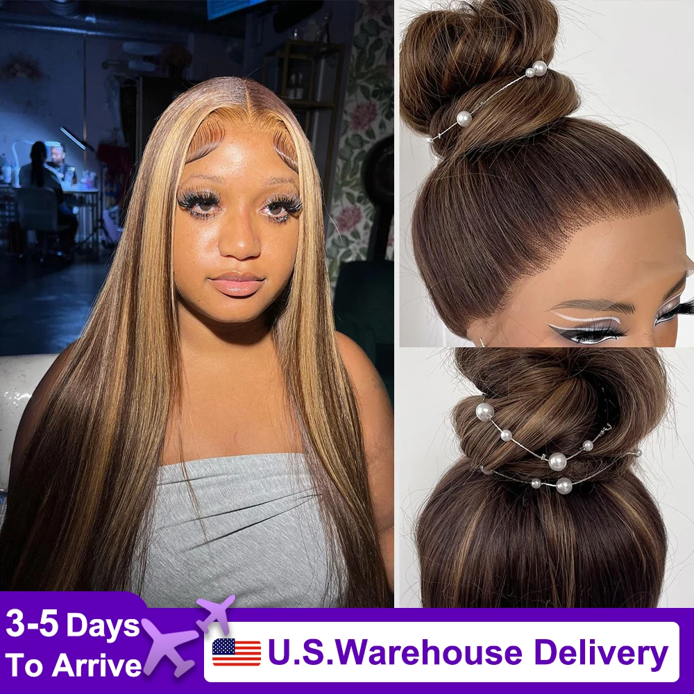 Highlight Straight 360 Hd Brazilian Transparent Lace Frontal Wigs Human Hair 370 Hd Lace Front 4/27 Preplucked Wig for Women