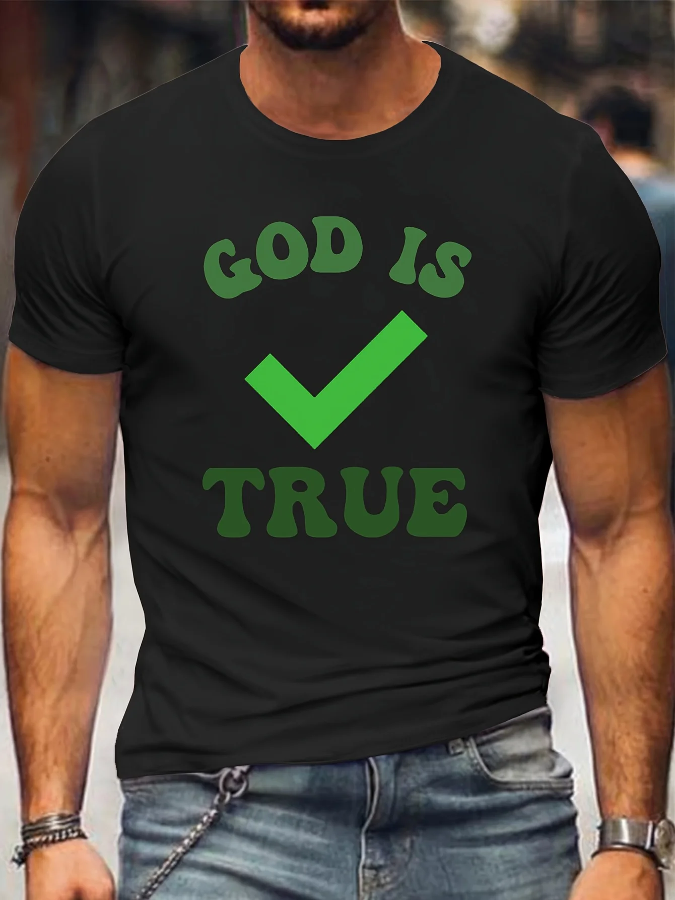Pure Cotton Men's GOD IS TRUE Graphic Tee Casual Round Neck Short Sleeve T-Shirt with Green Checkmark Design