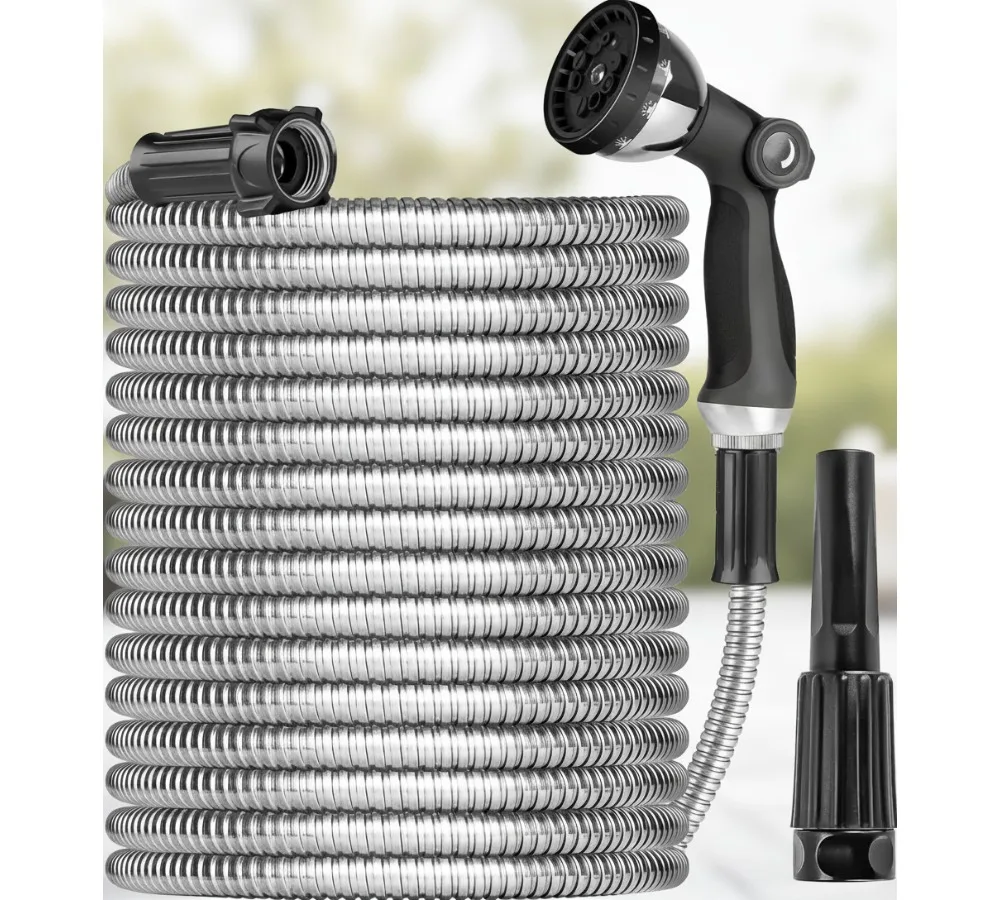 

Садовый шланг из нержавеющей стали 100 футов, гибкий, легкий, без ударов, защита от домашних животных с насадкой-распылителем для двора, наружного автофургона