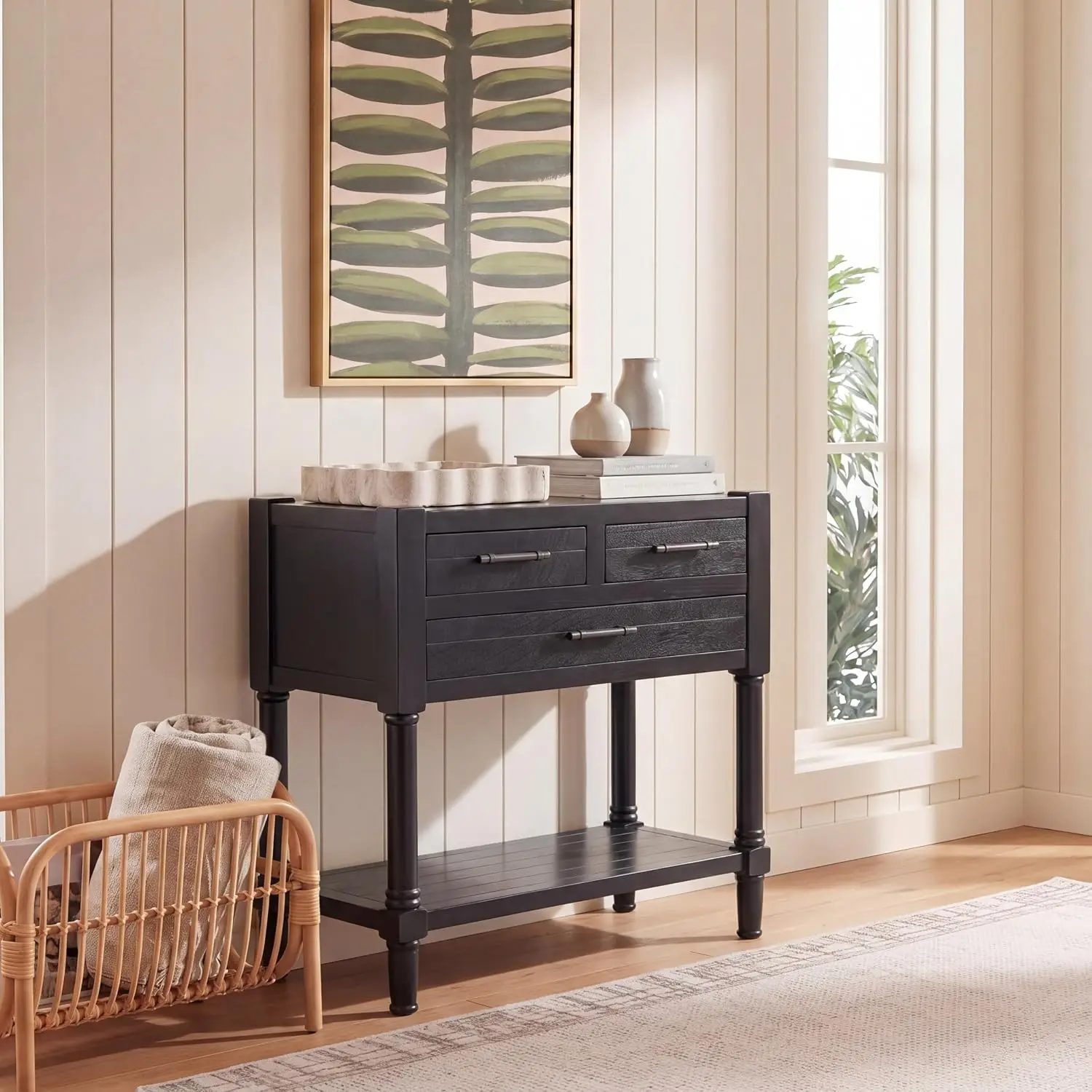 3-Drawer Console Table With Bottom Shelf, Black, Customized