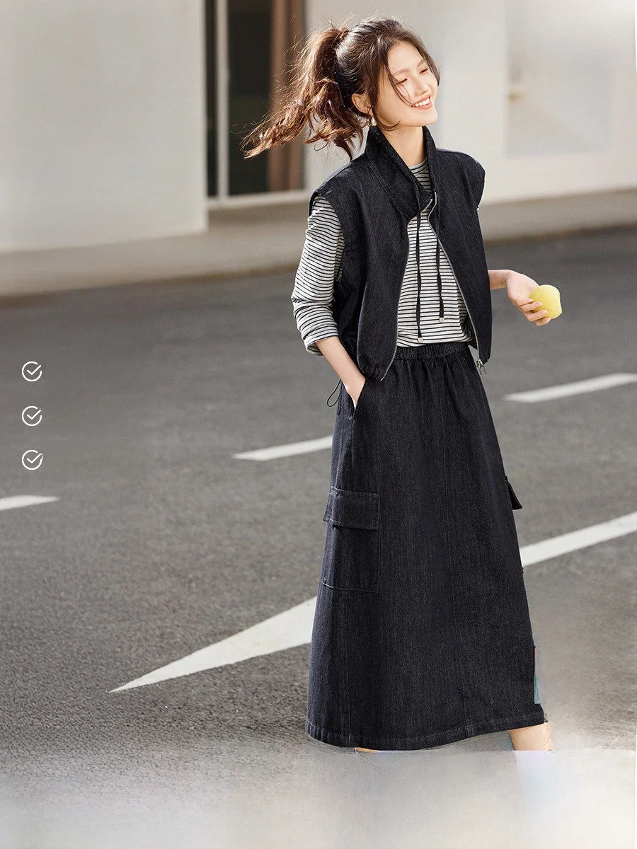 

XWI Commuter Versatile Denim Set Women's Loose Feel Top f Skirt Base Tee Piece Set Ele Sle for Spring Autumn