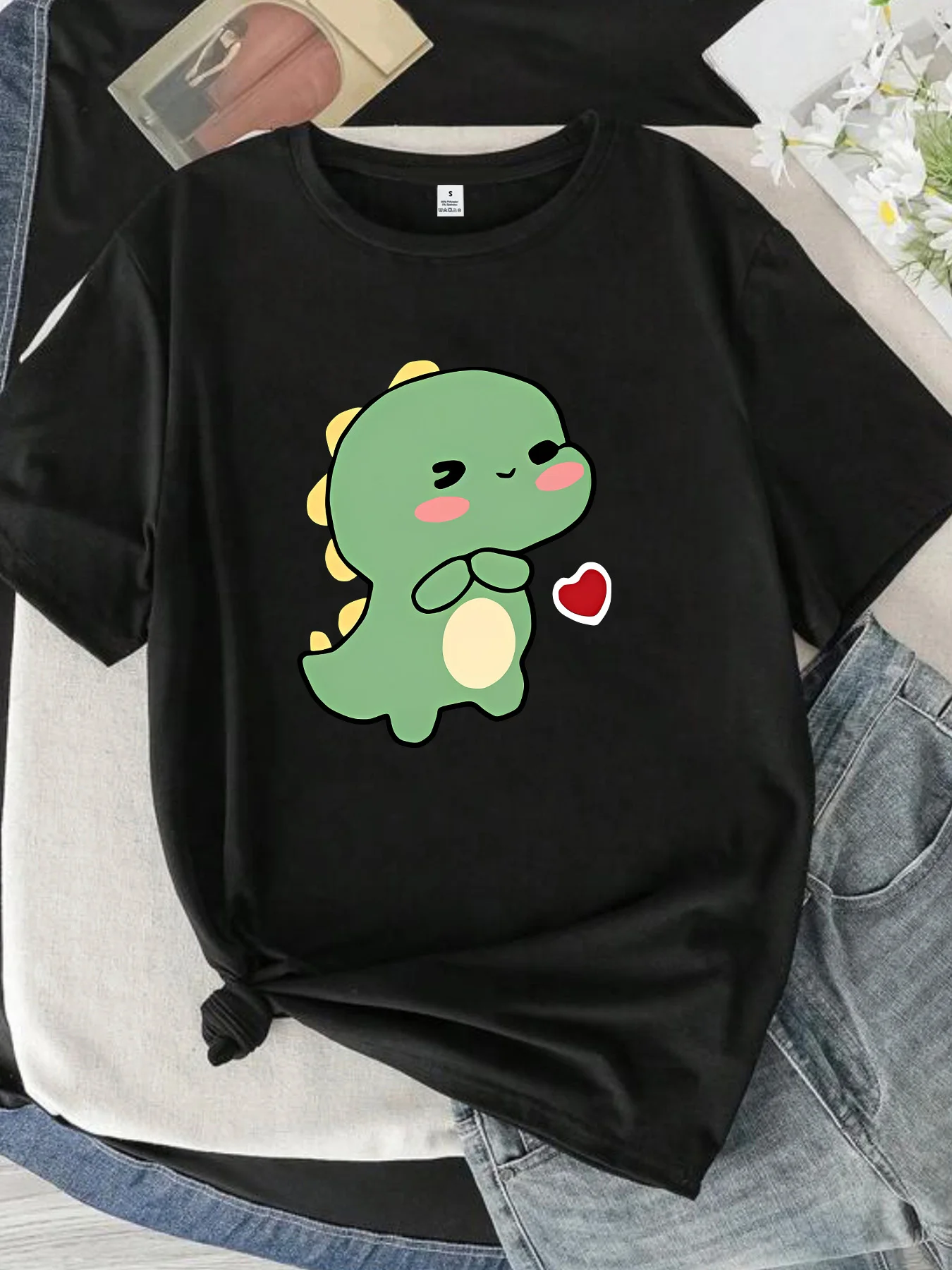 【3030】Cute images de dessins animés col rond T-Shirt femme manches courtes mode imprimé demi manches haut extensible T-Shirt