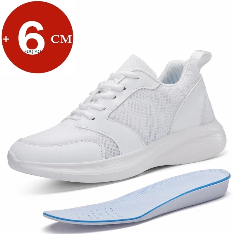 

Unisex Mesh+Cow Leather 6cm Invisible Height Increasing Casual Sports Shoes Men Breathable Soft Comfortable Elevator Sneakers
