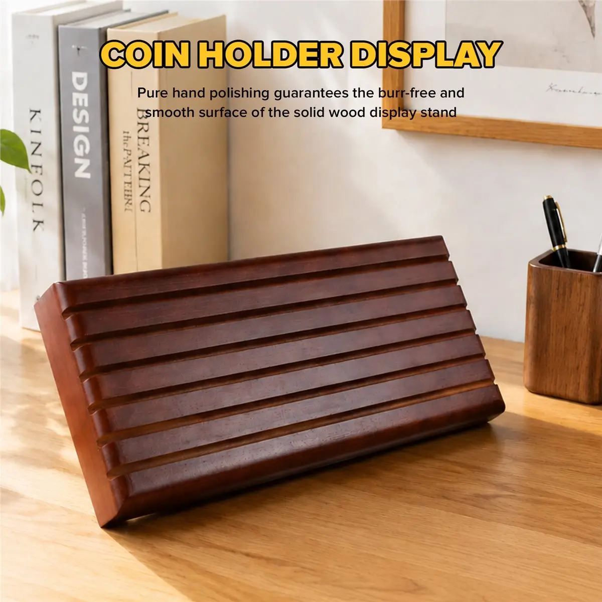 feelfeel ChallengeCoin Display Stand 6 Row 100% Solid Wooden Holder Rack Case Holds 42 Coins