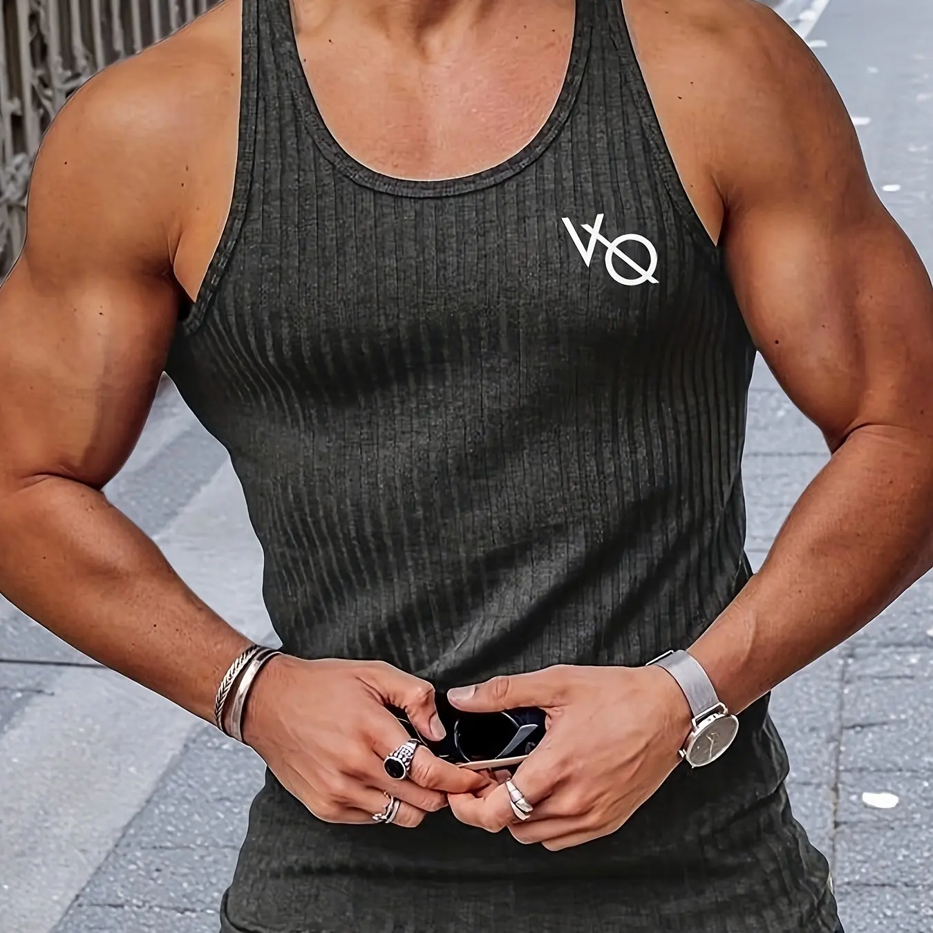 Men's Muscle Fitness Vest VQ Printed Sports Sleeveless Vest…