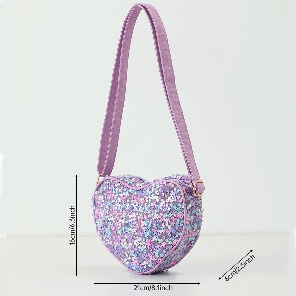 حقيبة كروس لامعة على شكل قلب للفتيات بسحاب أرجواني ترتر حقائب بحمالات للنساء للسفر في الهواء الطلق محفظة صغيرة