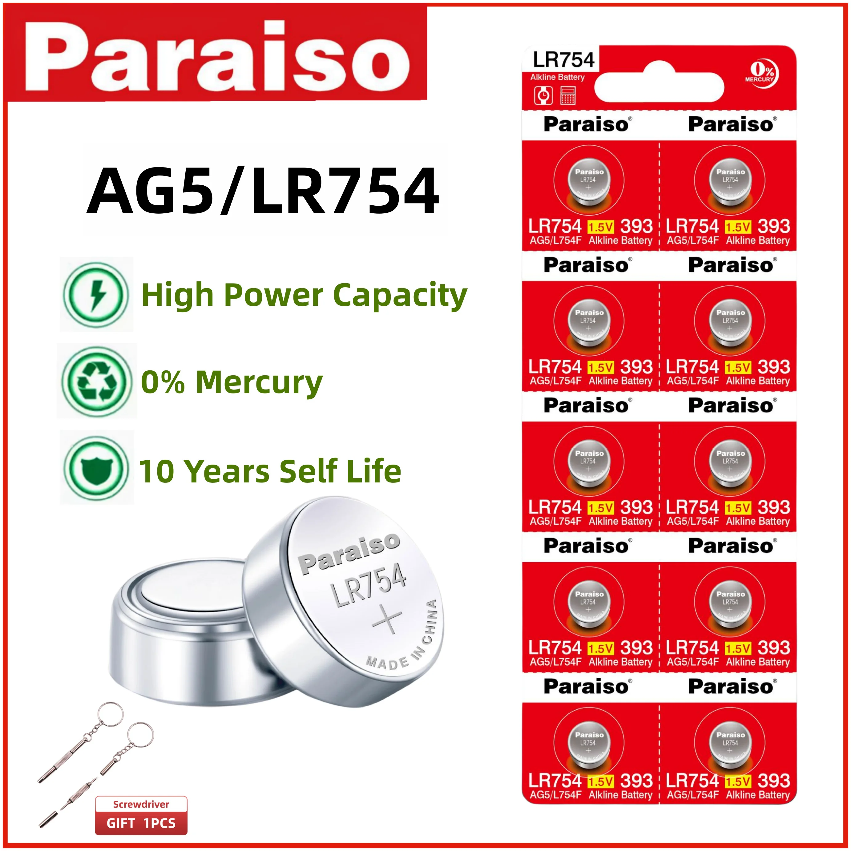 

Батарейка-таблетка Paraiso LR754 AG5, 2-50 шт., срок годности 10 лет, батарейки-алкалины 0% ртути для часов, игрушек