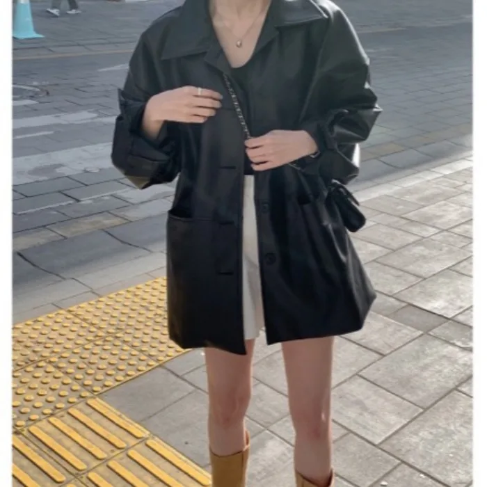 ملابس خارجية كاجوال فضفاضة طويلة من جلد البولي يوريثان Sve للسيدات أنيقة صيفية بياقة واقفة وزر واحد قابلة للتنفس لجميع المواسم