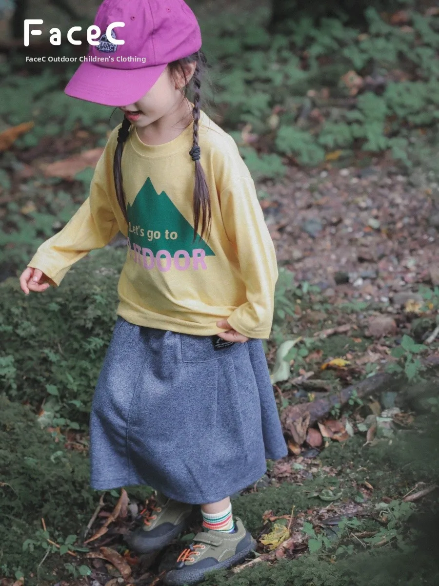 Outdoor Cotton T-Shirt for Girls Spring Autumn Loose Long Sleeve round Neck Camping Breathable Moisture Wicking Kids Clothing