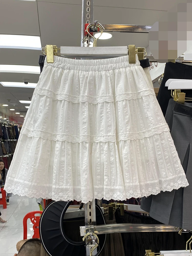 Dophee White Lace Embroidery A-line Short Skirt 2025 New Summer All-match Elastic Waist Princess Skirt Elegant Girl Skirts