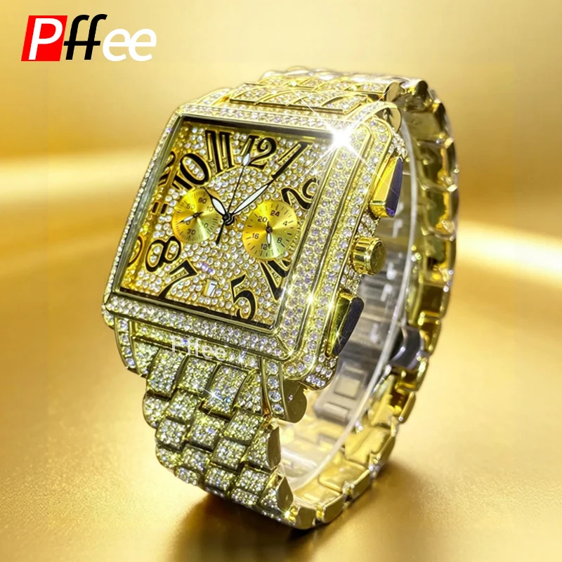 Pffee Luxury Diamond Watch For Men Square Big Case Cuban Link Chain Band Fashion Wristwatch lce Out Hip Hop Jewelry Rapper Gift