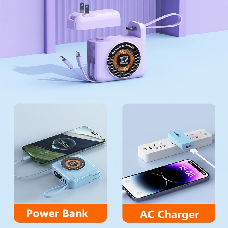 20000mAh Magsafe Power Bank with Cable AC Plug Wall Charger 22.5W Fast Charging Powerbank for iPhone 15 Huawei Xiaomi Poverbank