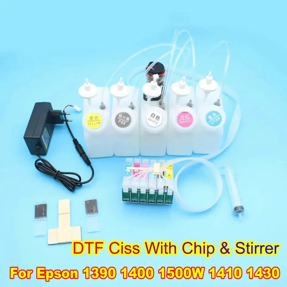 

1500W 1390 Printer DTF CISS System Continuous Ink Supply For Epson 1400 1410 1430 Direct To Film White Ink Tank With Stirrer DTF